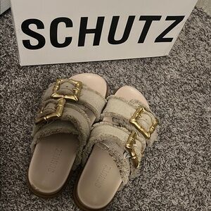SCHUTZ Enola Sporty Women's Cream Sandals with Gold Accents